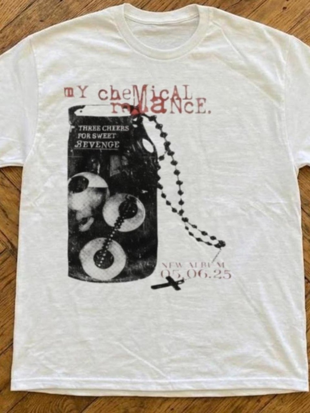 White Graphic Tee with Black & Red Print